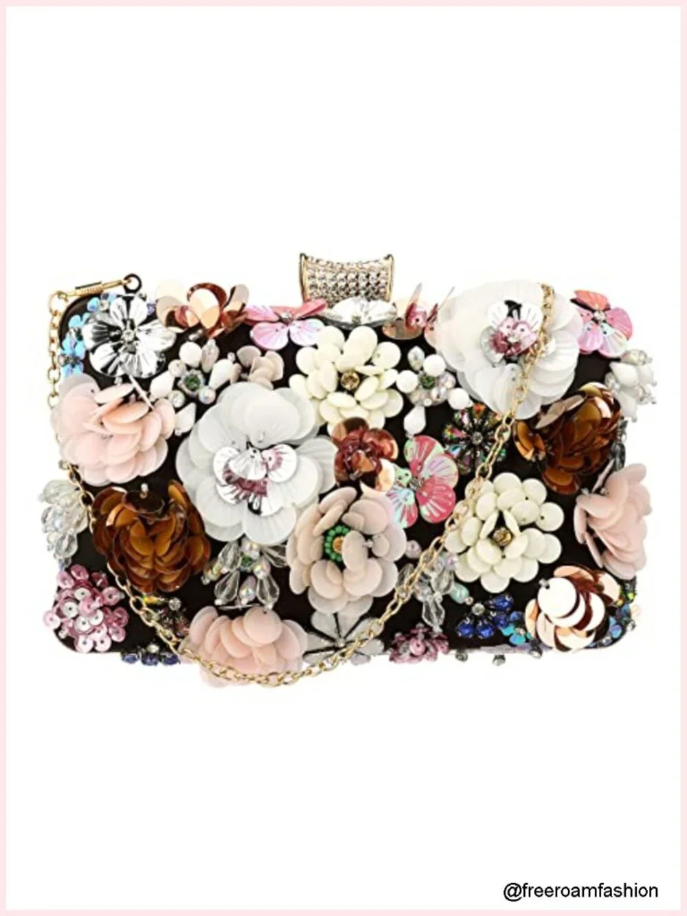 Evening Clutch Bag - Satin Floral Handbag with Rhinestones, Detachable Chains